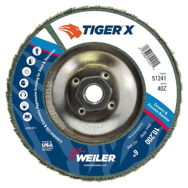 Weiler 6" Tiger X Flap Disc, Angled (TY29), Respaldo Fenólico, 40Z, 5/8-11" - 51241