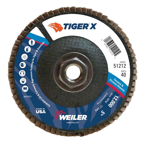 Disco de aletas cónicas Weiler 5" Tiger X, 40Z, 5/8"-11 UNC - 51212