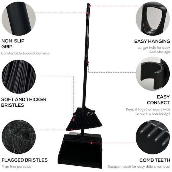 Kleen Handler Lobby Broom & Dustpan Combo with 38 in. Handle, Great for Home, Office & Outdoor Spaces, Black - KHES-DPBK-12A-OMP