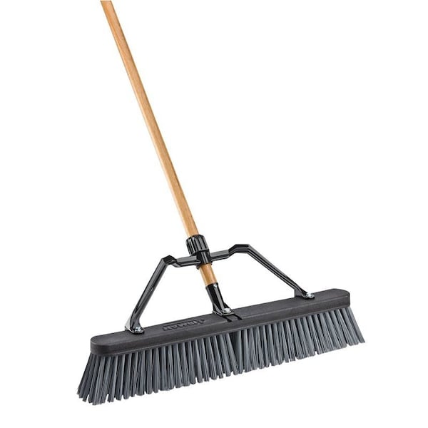 Libman Rough-Surface Push Broom, 4 in L Trim, Polymer Bristle, 65 in L, Wood Handle, Black/Gray - 1293