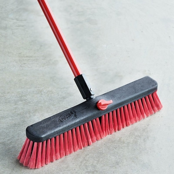 Libman Push Broom, 3 in L Trim, PET Bristle, 58-3/4 in L, Threaded, Steel Handle, Red - 804