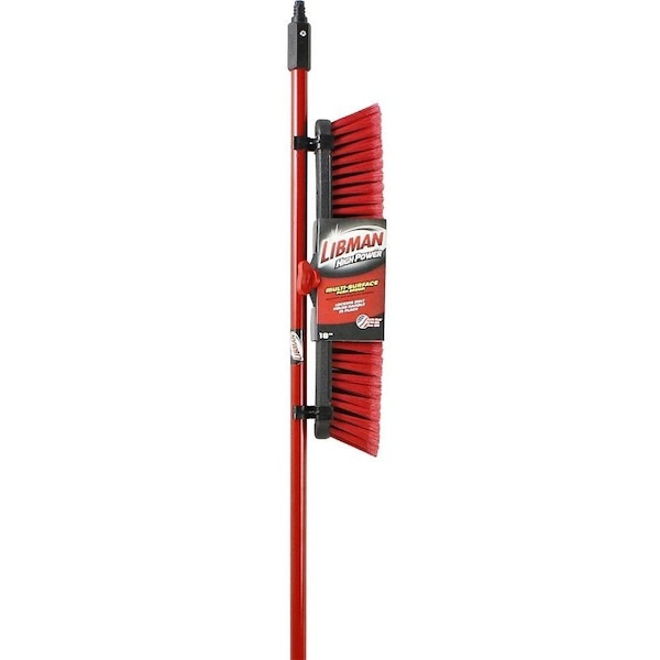Libman Push Broom, 3 in L Trim, PET Bristle, 58-3/4 in L, Threaded, Steel Handle, Red - 804