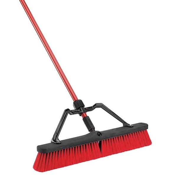 Libman Push Broom, 3 in L Trim, PET Bristle, 62-1/2 in L, Lock Screw, Steel Handle, Black/Red - 823
