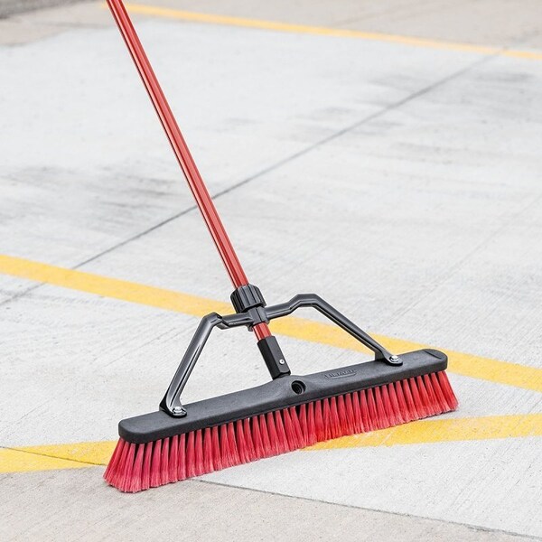 Libman Push Broom, 3 in L Trim, PET Bristle, 62-1/2 in L, Lock Screw, Steel Handle, Black/Red - 823