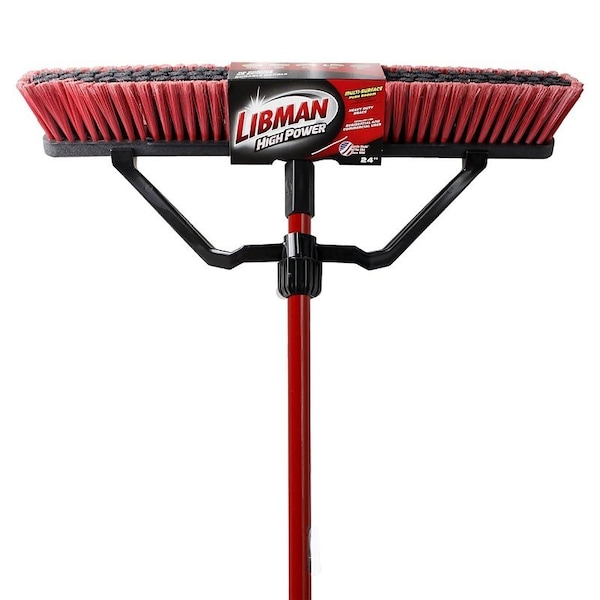 Libman Push Broom, 3 in L Trim, PET Bristle, 62-1/2 in L, Lock Screw, Steel Handle, Black/Red - 823