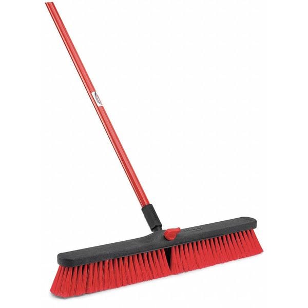 Libman Push Broom, Locking Nut, 60 in L, 24 in Sweep Face, 3 in Red Bristles, Red Handle - 805