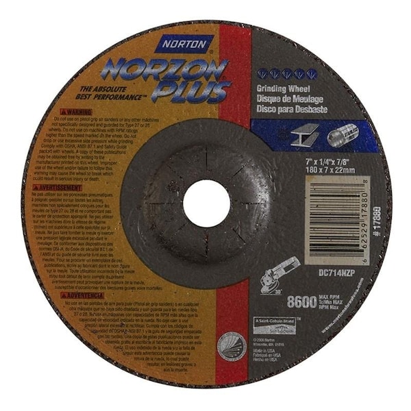 Rueda de rectificado Norton Co, Centro deprimido, Tipo 27 - Metal - NorZon Plus, 7 x 1/4 x 7/8, RPM Máx: 8600 - 662529-17880