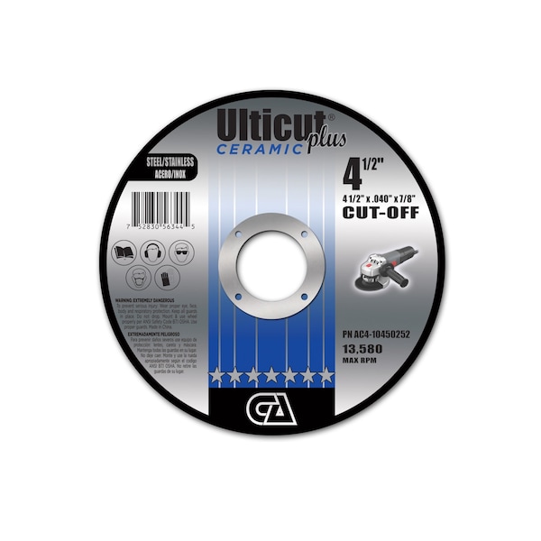 Continental Abrasives 4-1/2" x .040" x 7/8" Ceramic Ulticut Plus T27 Doble Rueda de Corte Reforzada para Acero Inoxidable - AC4-10450252