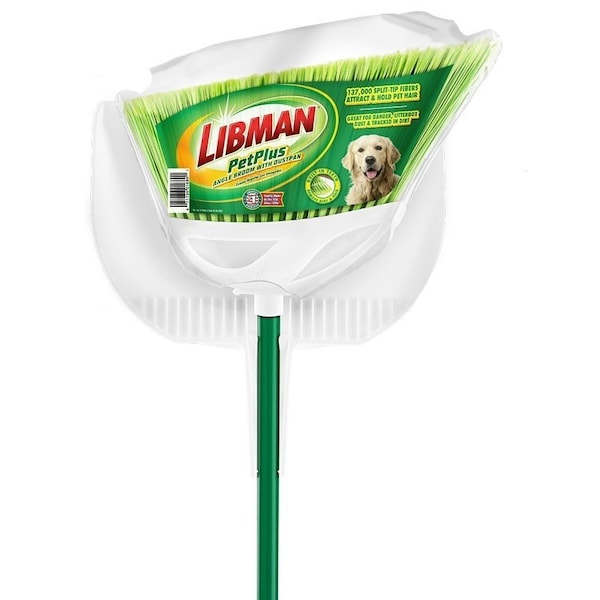 Libman PETPLUS Angle Broom, 9-1/2 in Sweep Face, 6 in L Trim, Fiber Bristle, Steel Handle - 1680