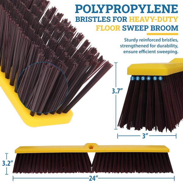 Kleen Handler 24in Heavy Duty Push Broom Sweeper, 61in Extendable Handle, 3PK - KHHD-EXHPB-BKY-24-1-3-OMP