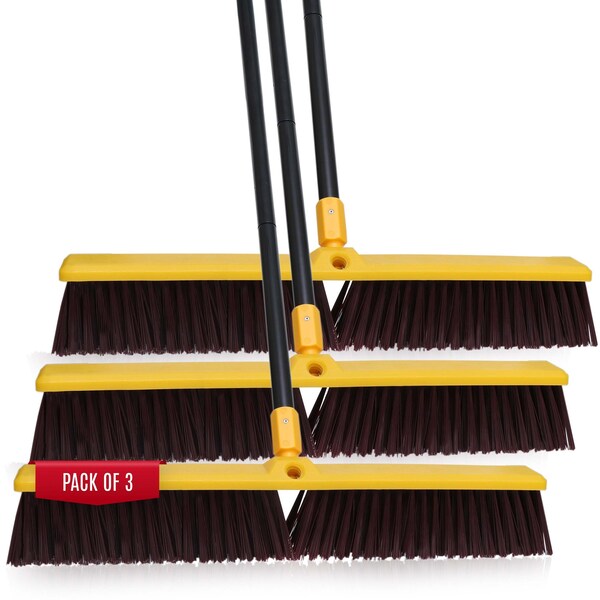 Kleen Handler 24in Heavy Duty Push Broom Sweeper, 61in Extendable Handle, 3PK - KHHD-EXHPB-BKY-24-1-3-OMP