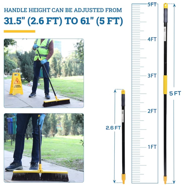 Kleen Handler 24in Heavy Duty Push Broom Sweeper, 61in Extendable Handle, 3PK - KHHD-EXHPB-BKY-24-1-3-OMP