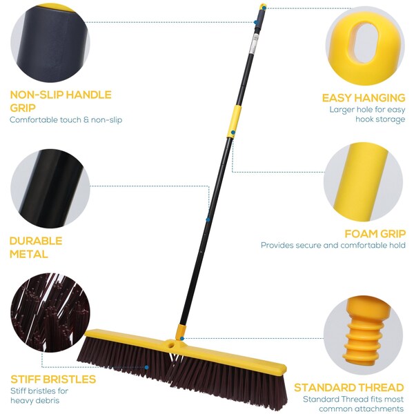 Kleen Handler 24in Heavy Duty Push Broom Sweeper, 61in Extendable Handle, 3PK - KHHD-EXHPB-BKY-24-1-3-OMP