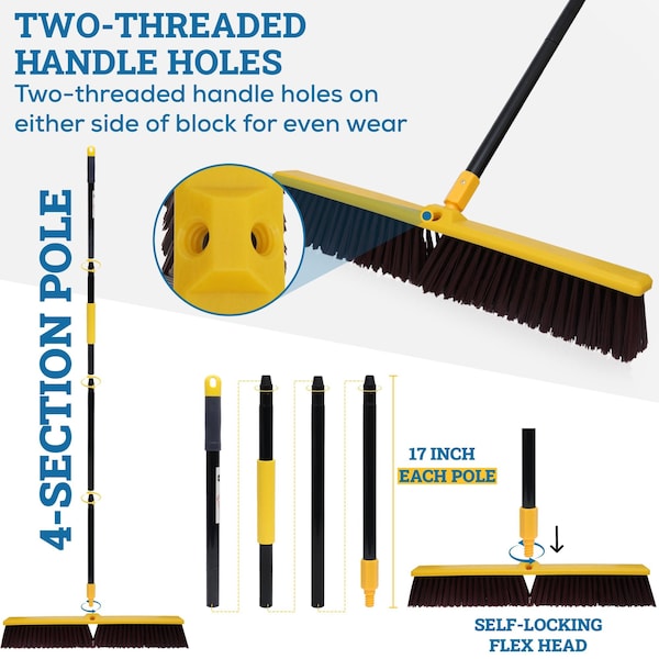 Kleen Handler 24in Heavy Duty Push Broom Sweeper, 61in Extendable Handle, 3PK - KHHD-EXHPB-BKY-24-1-3-OMP