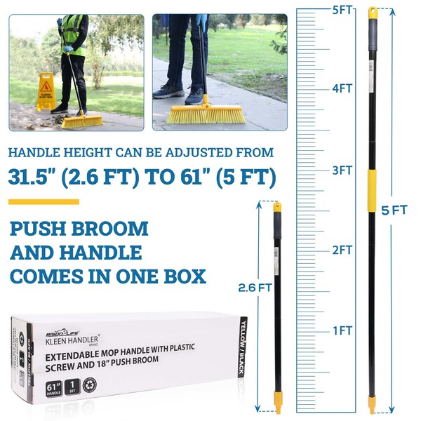 Kleen Handler 18in Heavy Duty Push Broom Sweeper, 61in Extendable Handle, 3PK - KHHD-EXHPB-BKY-18-1-3-OMP