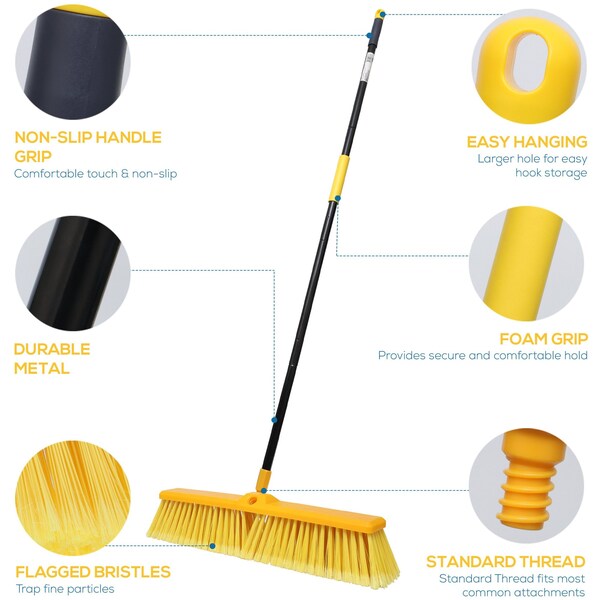 Kleen Handler 18in Heavy Duty Push Broom Sweeper, 61in Extendable Handle, 3PK - KHHD-EXHPB-BKY-18-1-3-OMP