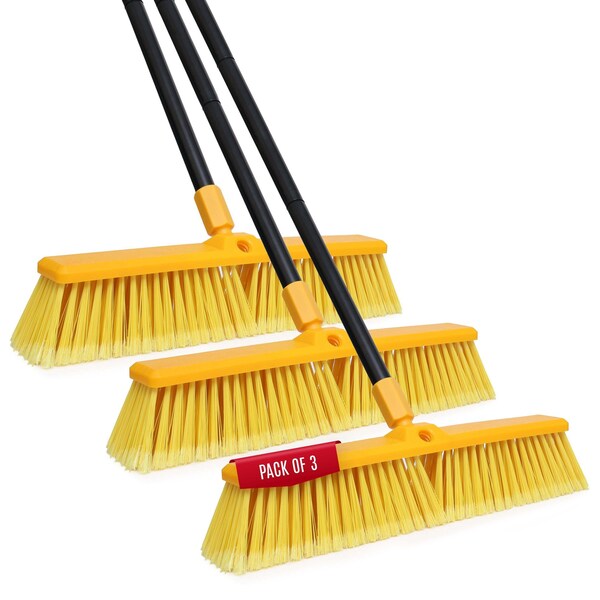 Kleen Handler 18in Heavy Duty Push Broom Sweeper, 61in Extendable Handle, 3PK - KHHD-EXHPB-BKY-18-1-3-OMP