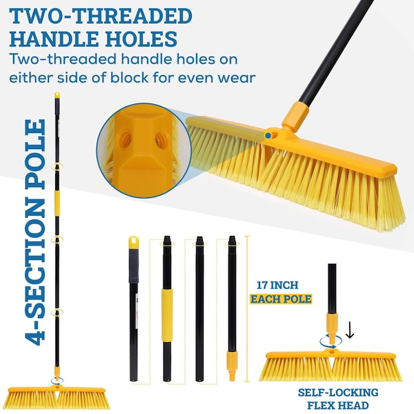 Kleen Handler 18in Heavy Duty Push Broom Sweeper, 61in Extendable Handle - BL-EXHPB-BKY-18