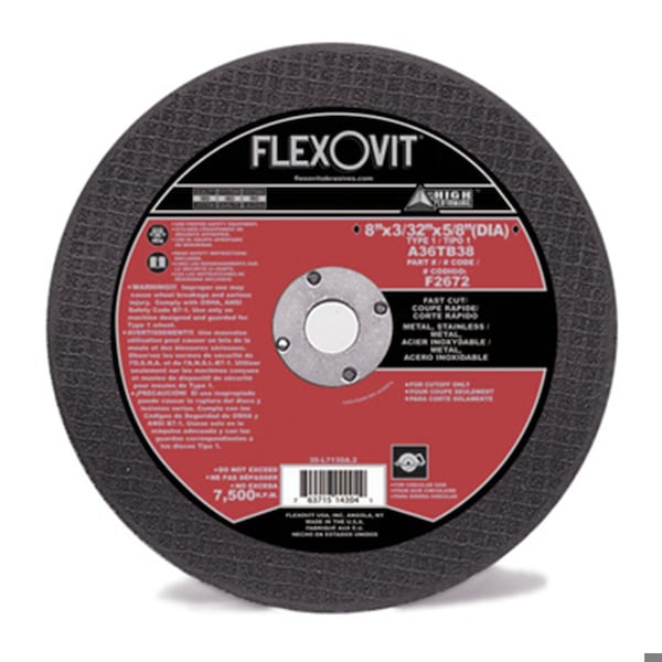 Rueda de Corte de Alto Rendimiento Flexovit Fast Cut, 8 pulgadas de diámetro x 3/32 de grosor, agujero central de 5/8 pulgadas, 36 granos, Aluminio - F2672