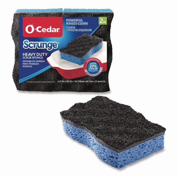 O-Cedar Scrunge Heavy-Duty Sponge, 2.63in x 4.25in, 1in Thick, Black/Blue, 2PK - 148377PK