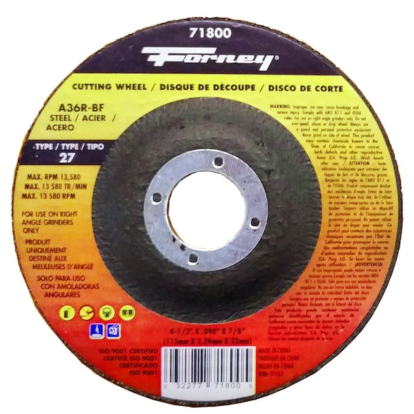 Rueda de corte Forney, Metal, Tipo 27, 4-1/2 pulgadas x .090 pulgadas x 7/8 pulgadas - 71800