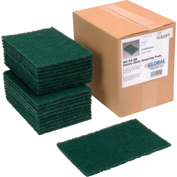 Global Industrial Heavy Duty Scouring Pads, Green, 6 x 9, 15PK - 670327