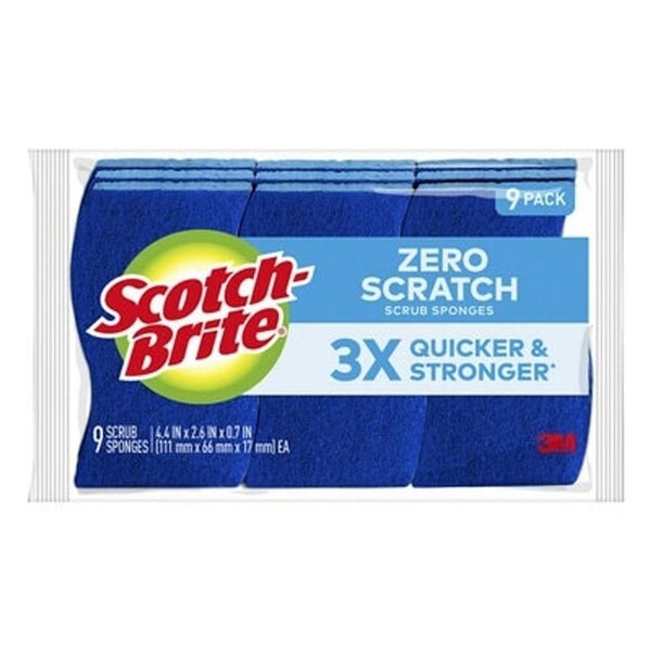 Scotch-Brite Zero Scratch Scrub Sponge, Cellulose Abrasive, 4.4 in L, 2.6 in W, Blue, 9PK - 529-5
