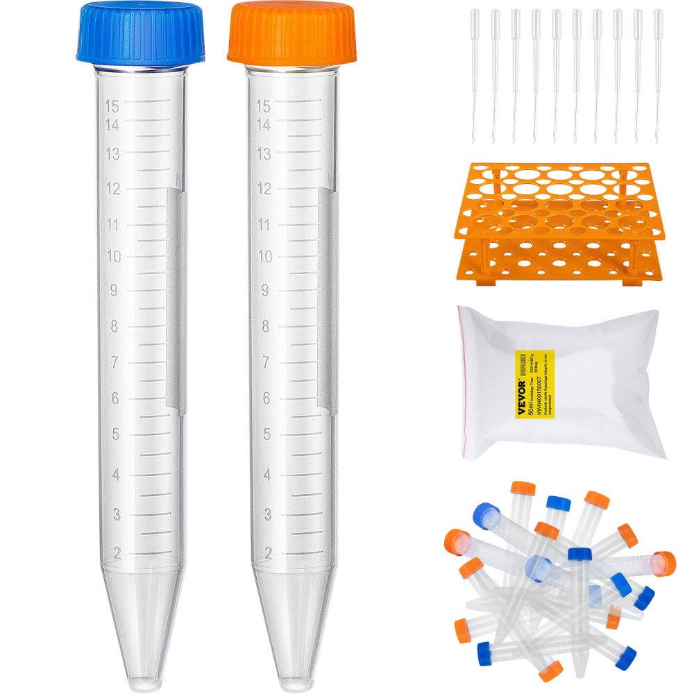 VEVOR Conical Centrifuge Tubes, 15mL, 500Pcs PP Graduated Container w/ Leak-proof Screw Cap, Write Mark & Test Tube Rack, DN/RNase Free, for Lab Sample Storage & Separate, Blue & Orange - LXG15ML500PCS87S8V0