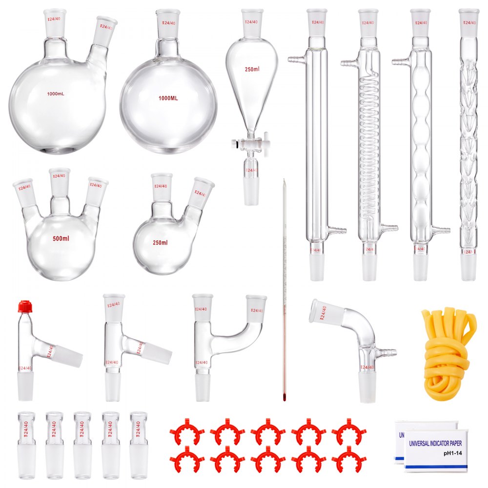 VEVOR Lab Distillation Kit, 3.3 Boro Lab Glassware Distillation Kit with 24, 40 Joint, 1000ml Essential Oil Distillation Apparatus Kit, 32 pcs Set of Glassware Equipment - SYSZLTJJPWW1LEFCIV0
