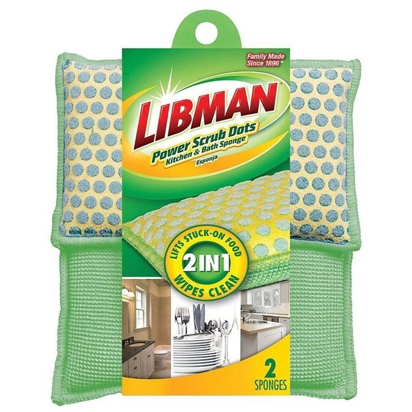 The Libman Co Libman Kitchen and Bath Sponge, 5 in L, 5 in W, 1 in Thick, Microfiber, Green/Yellow - 336