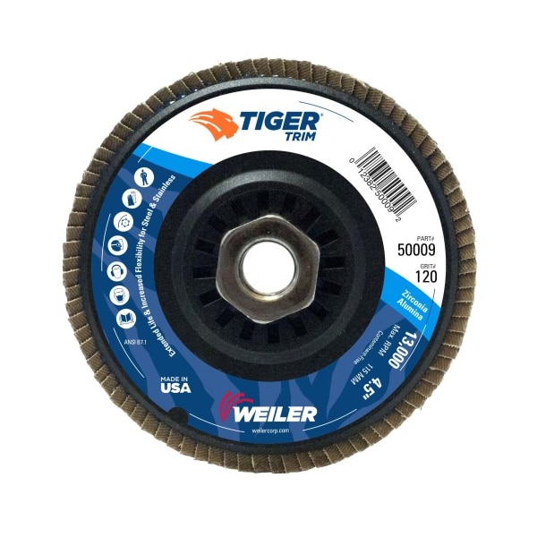 Weiler 4-1/2" Disco de Aletas Tiger, Cónico (TY29), Respaldo, 120Z, 5/8"-11 UNC - 50009