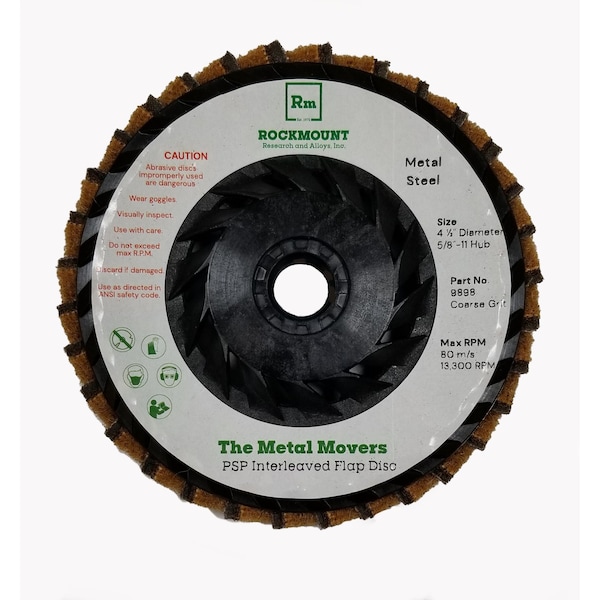 Disco de láminas Rockmount Research And Alloys PSP, Un disco de doble función que tanto desbasta como termina, 4-1/2" x 5/8-11" Centro, Grano Grueso - 9898