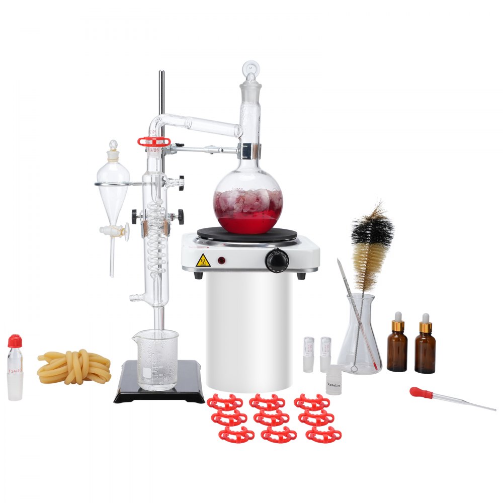 VEVOR Essential Oil Distillation Kit, 500ml Distillation Apparatus, 3.3 Boro Lab Glassware Distillation Kit with 1000W Heating Plate and 24, 40 Joint, 33 pcs Set - JYTQBLZZJPDJRG1A4V1