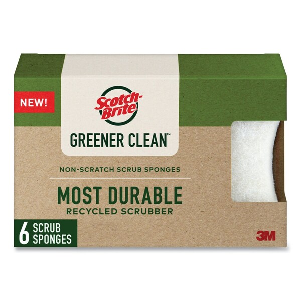 Scotch-Brite Greener Clean Non-Scratch Scrub Sponge, 2.6 x 3.3, 0.7in. Thick, White, 6PK - 7100290027