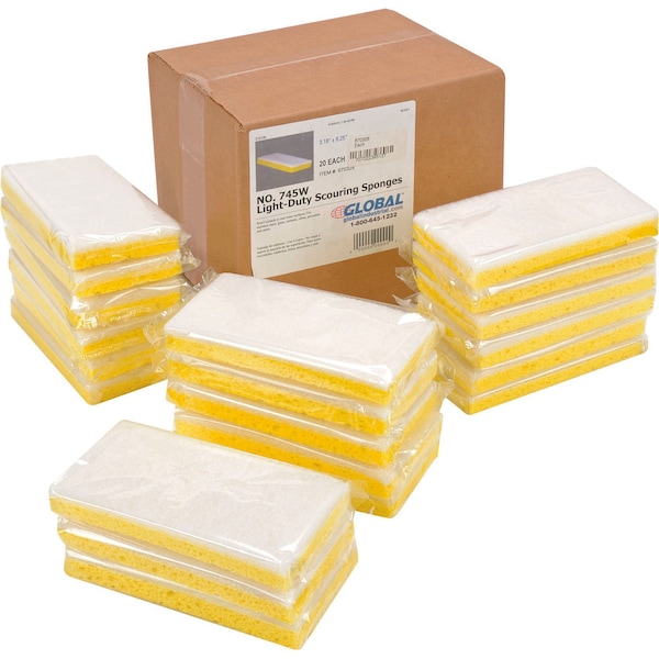 Global Industrial Light Duty Scrub Sponge, Yellow/White, 3.25 x 6.25, 20PK - 670328