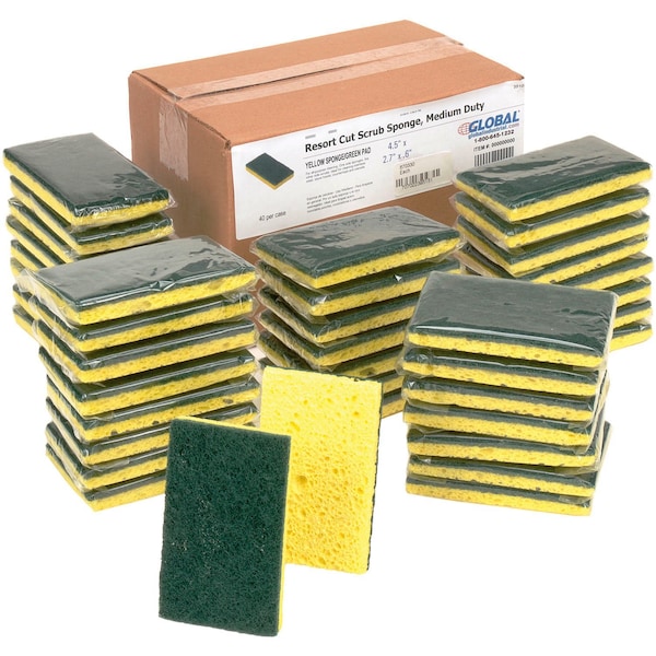 Global Industrial Resort Cut Scrub Sponge, Yellow/Green, 2.75 x 4, 40PK - 670330