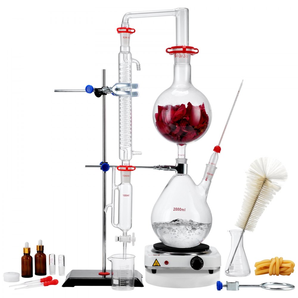 VEVOR Essential Oil Distillation Kit, 2000ml Distillation Apparatus, 3.3 Boro Lab Glassware Distillation Kit with 1000W Heating Plate and 24, 40 Joint, 28 pcs Set main image 0