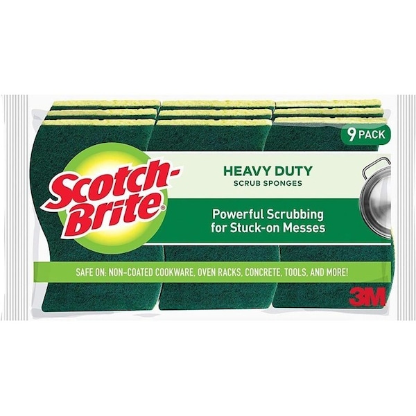 Scotch-Brite Heavy-Duty Scrub Sponge, Fiber Abrasive, 111 mm L, 66 mm W, Green/Yellow, 9PK - 429-5
