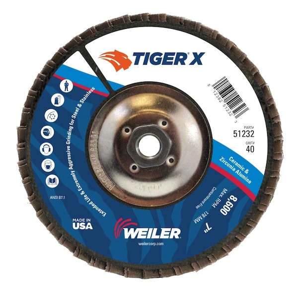 Disco de láminas Weiler 7" Tiger X, plano (TY27), respaldo fenólico, 40Z, 5/8-11" - 51232
