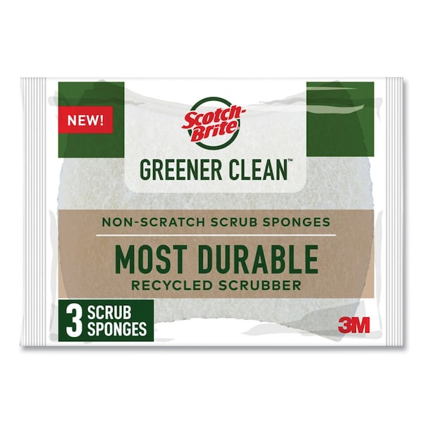 Scotch-Brite Greener Clean Non-Scratch Scrub Sponge, 2.6 x 3.3, 0.7in. Thick, White, 3PK - 7100290143