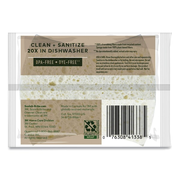 Scotch-Brite Greener Clean Non-Scratch Scrub Sponge, 2.6 x 3.3, 0.7in. Thick, White, 3PK - 7100290143