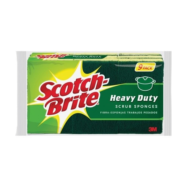 3M Commercial Sponge, Scrub, Heavy Duty, Green and Yellow, 9PK - MMM4295
