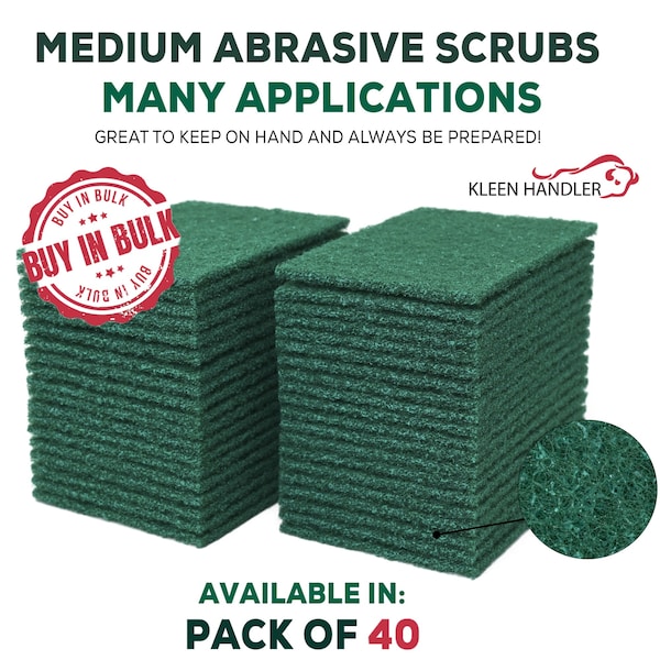 Kleen Handler 40-Pack Green Medium Duty Cleaning Pads, Kitchen Scrub Sponges, Scouring Pads for Dishes & More - BLKH-ES-SP-GR-40-1