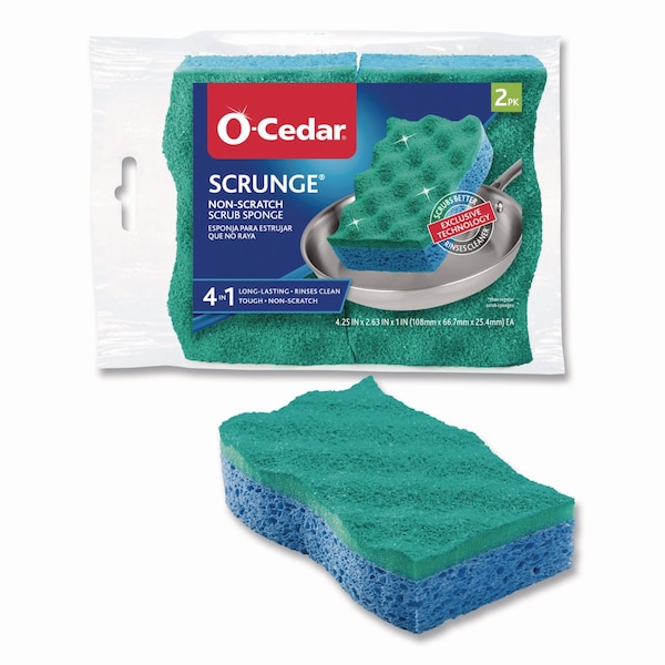 O-Cedar Scrunge Non-Scratch Scrub Sponge, 2.63in x 4.25in, 1in Thick, Green/Blue, 2PK - 169431PK