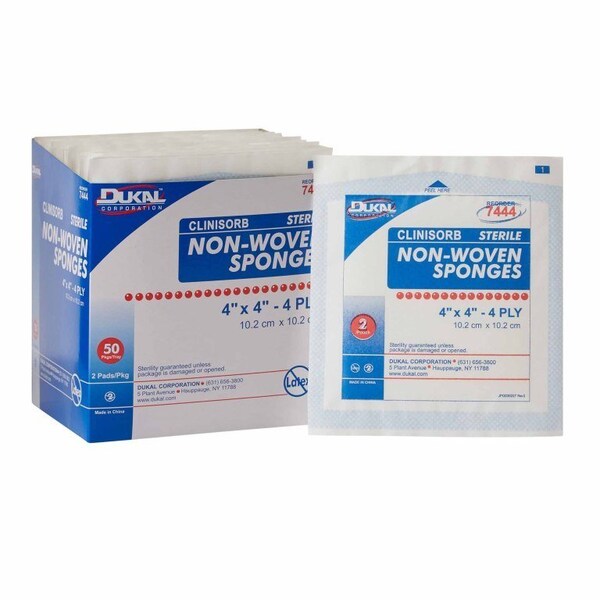 Clinisorb Nonwoven Sponge 4 X 4 Inch, Sterile 4-Ply Square, 2/Pack, 50 Packs, 100PK - 7444