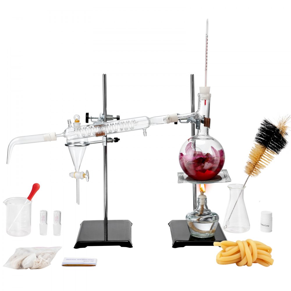 VEVOR Essential Oil Distillation Kit, 500ml Distillation Apparatus, 3.3 Boro Lab Glassware Distillation Kit with Alcohol Lamp, Ceramic Mesh and 24, 40 Joint, 28 pcs Set - SYSZLTJJPJJDI3Z20V0
