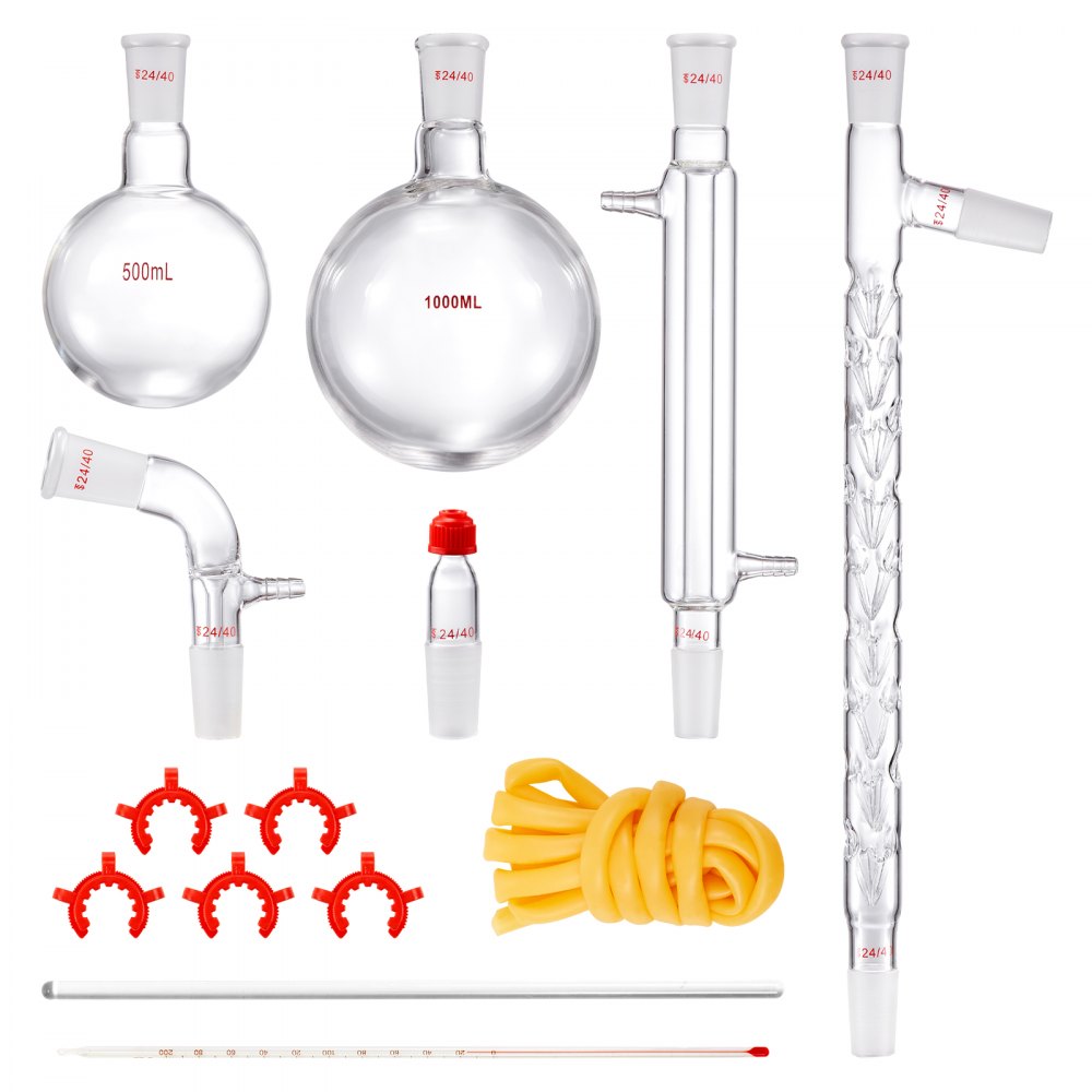 VEVOR Lab Distillation Kit, 3.3 Boro Lab Glassware Distillation Kit with 24, 40 Joint, 1000ml Essential Oil Distillation Apparatus Kit, 14 pcs Set of Glassware Equipment - SYSZLTJJPWW1G637BV0