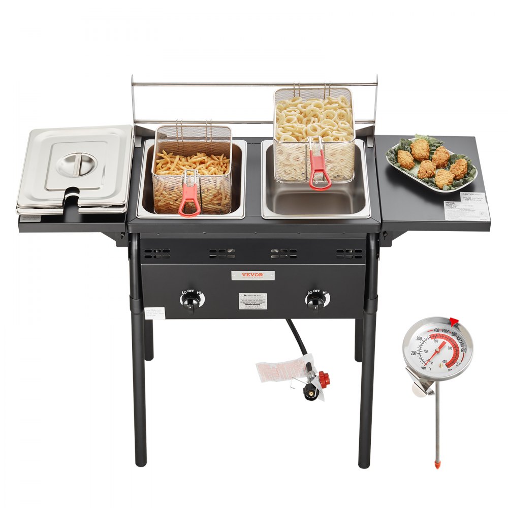 VEVOR Outdoor Propane Deep Fryer, Double Burners Commercial Fryer, 16 Qt Stainless Steel Cooker with Removable Baskets & Lids & Tanks, Oil Fryer Cart with Thermometer & Regulator, For Outdoor Cooking - LSRQZGGXSGS18LU5HV0