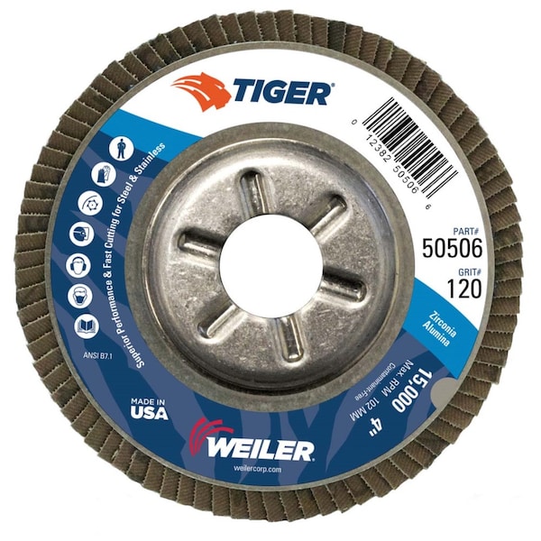Disco de aletas Weiler de 4", cónico (TY29), respaldo de aluminio, 120Z, 5/8" - 50506
