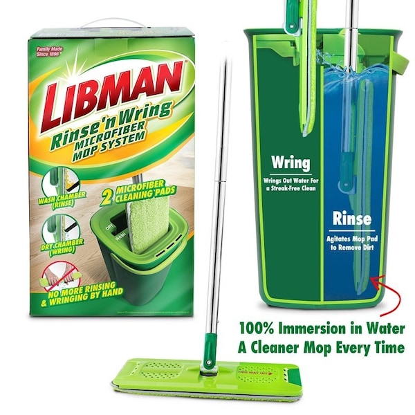 Libman Rinse 'n Wring Mop System, 51 in L, Loop and Hook Mop Connection, Microfiber Mop Head - 1516